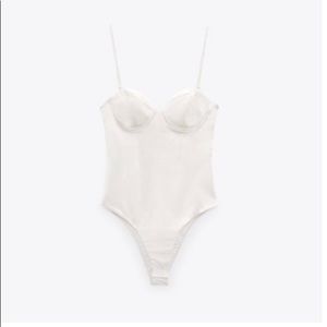 Zara Off White Satin Corsetry-Inspired Exposed Shoulder Bodysuit